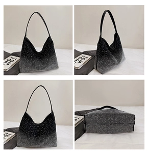 Detail shots of gradient rhinestone hobo bag showing front, side and base views