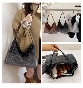 Detailed view of rhinestone tote bag capacity showing interior storage for essentials