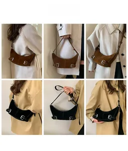 Detail showing various ways to wear the crescent suede bag in black and brown colors