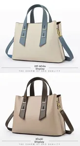 Multi-color view of minimalist tote bags in cream and khaki with contrast details