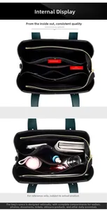 Internal structure of black leather tote bag with functional pockets and large capacity
