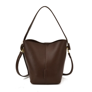 Classic dark brown bucket bag with litchi texture and gold hardware for women