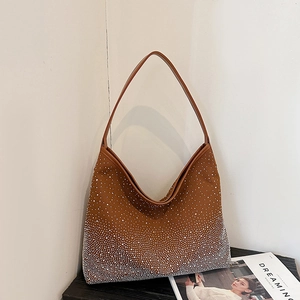 Brown suede hobo shoulder bag with gradient silver rhinestones and adjustable strap