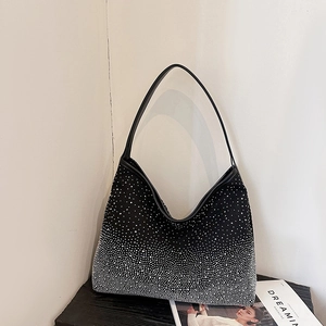 Retro black shoulder bag with gradient rhinestone crystals and sleek leather strap