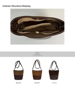 Dettaglio interno della borsa a secchiello in pelle scamosciata con tasca e colori mocha