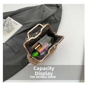 Internal view of faux shearling evening bag showing storage space for makeup and phone
