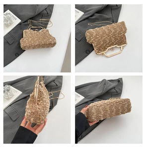 Detail view of khaki faux fur crossbody evening bag with golden metal frame and chain strap