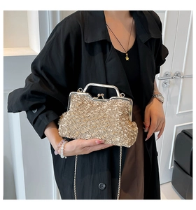Detail of champagne gold sequin evening clutch with metallic frame and chain strap