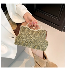 Close-up of green tweed fabric texture and golden kiss-lock closure on chain bag