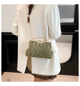 Detail of green tweed crossbody bag with gold metal frame and spherical clasp detail