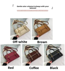 Vue détaillée des sacs Boston rétro en beige, marron, rouge, café et noir mat