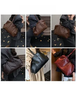 Multiple views of large capacity travel handbags in brown, black, and burgundy colors
