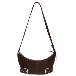 Minimalist dark brown suede crescent shoulder bag with silver decorative buckles