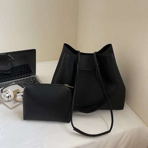 Classic black lychee pattern tote bag set with matching pouch for modern office style