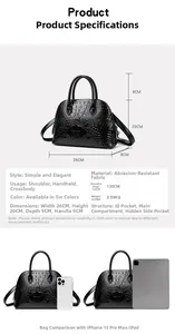 Spécifications détaillées du sac à main noir motif crocodile avec guide des tailles