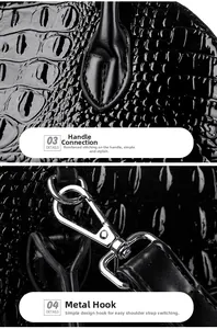 Vue macro d'un sac noir à motif crocodile montrant les coutures et le crochet en métal argenté