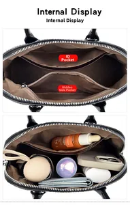 Vue intérieure du sac avec grande capacité, poches de rangement et doublure marron foncé
