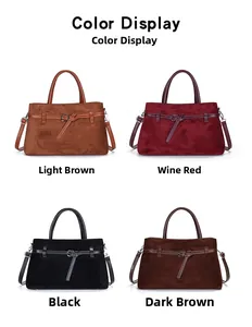 Color display of four large capacity matte tote bags in brown, burgundy, and black