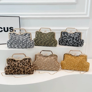 Vintage Evening Bag Leopard Print Bouclé Fabric Kiss Lock Metal Handle Detachable Chain Crossbody Handheld For Women