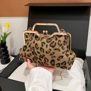 Fashion leopard print faux fur handbag with gold metal frame and chain strap for evening