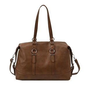 Large brown PU leather travel tote bag with silver hardware and shoulder straps