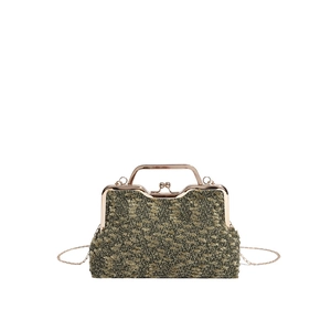 Elegant olive leopard pattern chain crossbody bag with golden frame and metallic handle