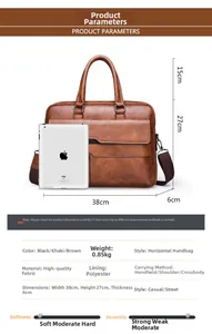 Detailed size specifications for brown leather briefcase compared to a standard tablet