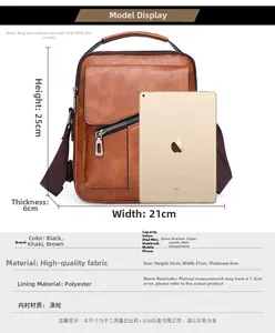 Close-up of brown litchi pattern men shoulder bag showing dimensions compared to an iPad
