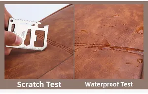 Close-up showing the scratch-resistant and waterproof texture of the brown leather briefcase