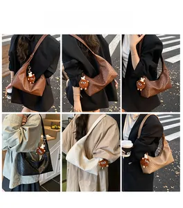 Multiple views of woven half-moon crossbody bag in various colors with cute bear charm