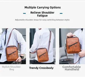 Three-way display of brown vintage men messenger bag showing shoulder and handheld modes