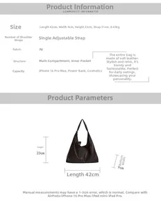 Detailed spec sheet showing a dark brown PU tote bag with elegant floral embossing patterns