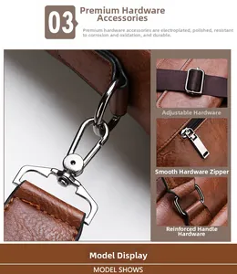 Detail of durable metal hooks, smooth zippers, and reinforced buckles on brown leather bag