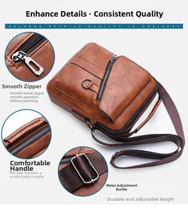 Detail view of brown leather messenger bag with smooth zippers and adjustable strap