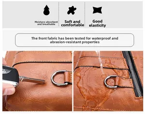 Detail of waterproof and scratch-resistant brown leather fabric on men's crossbody bag