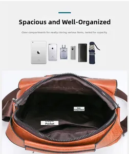 Detail view showing internal storage space for tablets and daily items in brown messenger bag