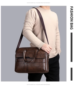 Brown vintage men's business briefcase with adjustable strap shown in crossbody style