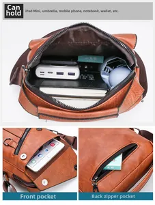 Detail view of brown leather crossbody bag showing internal compartments and storage capacity