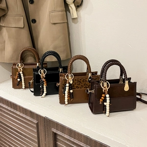 Women PU Leather Handbag Braided Handle Patchwork Small Square Crossbody Bag With Bead Tassel Decoration