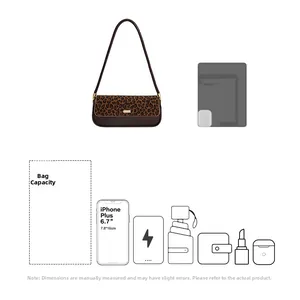 Detail view of leopard print shoulder bag interior capacity for phone and essentials