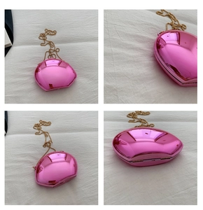 Macro four-view display of a bright pink metallic oval evening clutch with gold chain