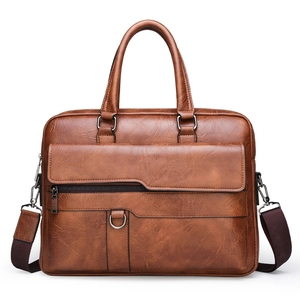 Men Business Briefcase PU Leather Litchi Pattern Waterproof Laptop Handbag Vintage Large Capacity Crossbody Shoulder Bag