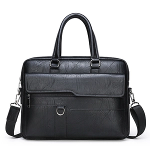 Classic black business briefcase with premium lychee grain leather and shoulder strap