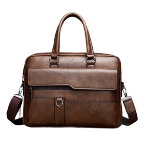 Men's large capacity dark brown briefcase with wide shoulder strap and lychee texture