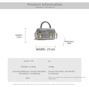 Detailed size specifications for grey snakeskin PU leather crossbody bag, 21x13x8cm