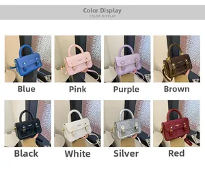 Collage of mini snakeskin patterned handbags in eight colors with top handles and straps