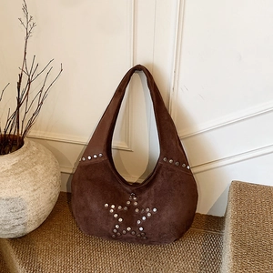 Brown suede hobo bag with silver star stud patterns for women's vintage daily commute