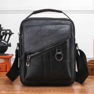Classic black leather textured shoulder bag with top handle and adjustable strap for men