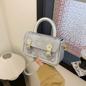 Detail of silver snake print leather handbag with gold buckle and fashion text