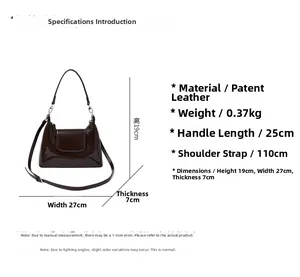 Detailed size chart for dark coffee patent leather crossbody bag with dimensions